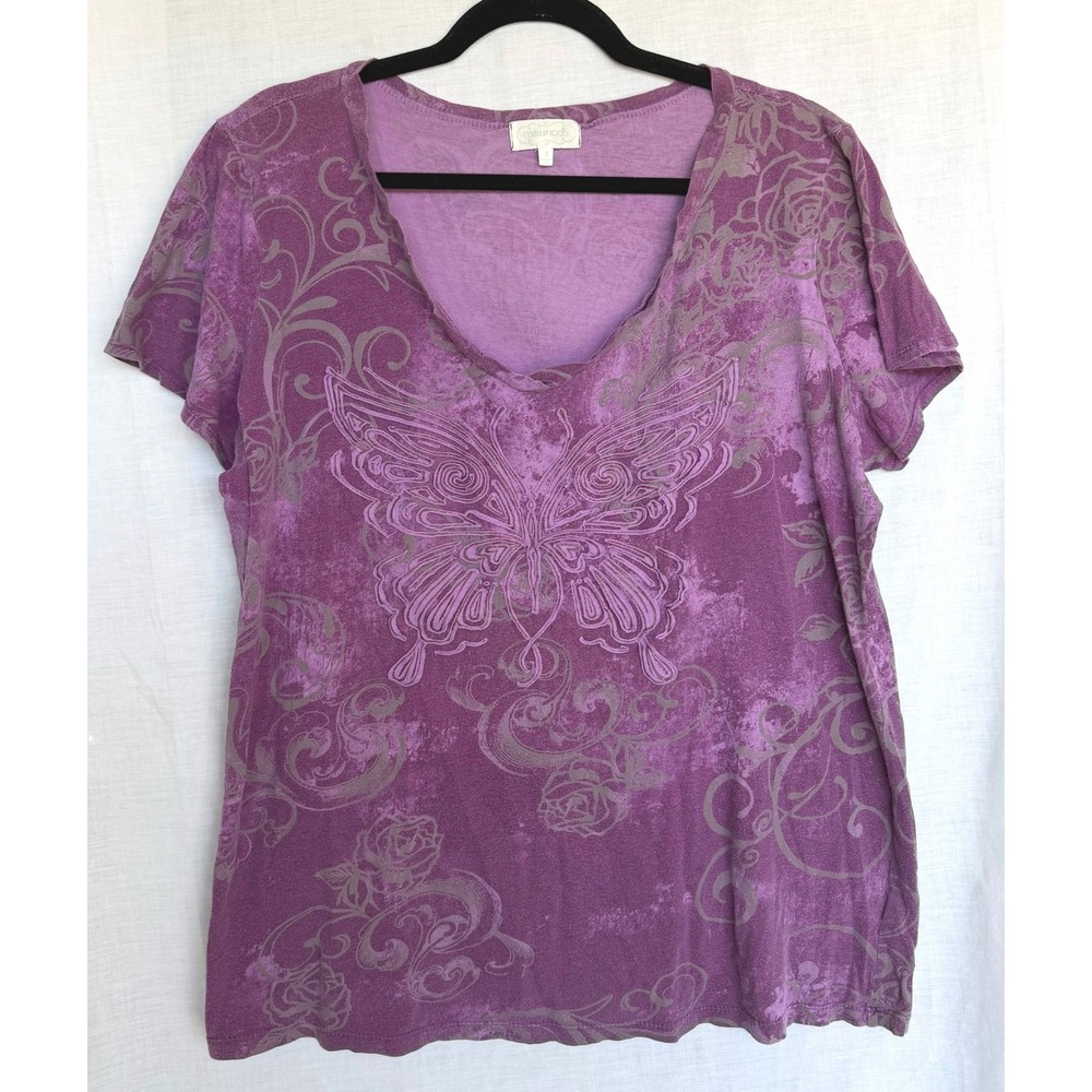 Y2K Maurices 2000s Butterfly Graphic Tee Purple Embroidered Floral V-Neck Size 1